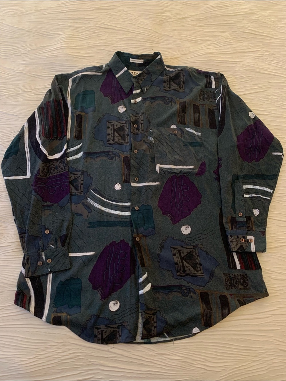 Vintage Impact Green Funky Pattern lightweight Rayon Button Up Shirt, size L